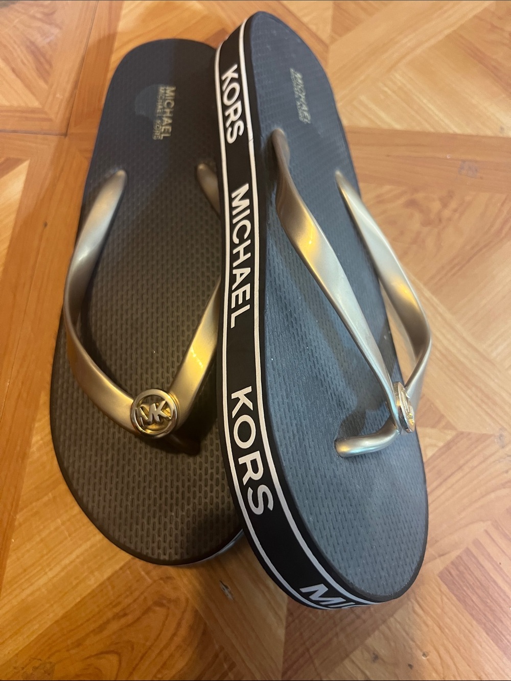 Michael Kors Black and Gold Men's Flip Flops with Logo Strap